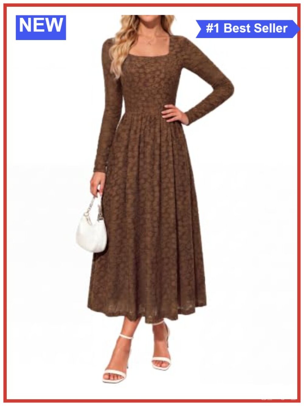 Womens Long Sleeve Midi Dress A Line Square Neck with Pockets